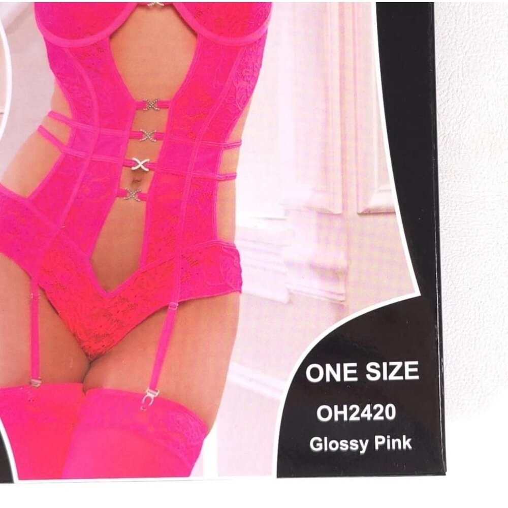 G World Glossy Pink Teddy Lingerie Set Lace Strappy Garter & Stockings OH2420 - Picture 6 of 6